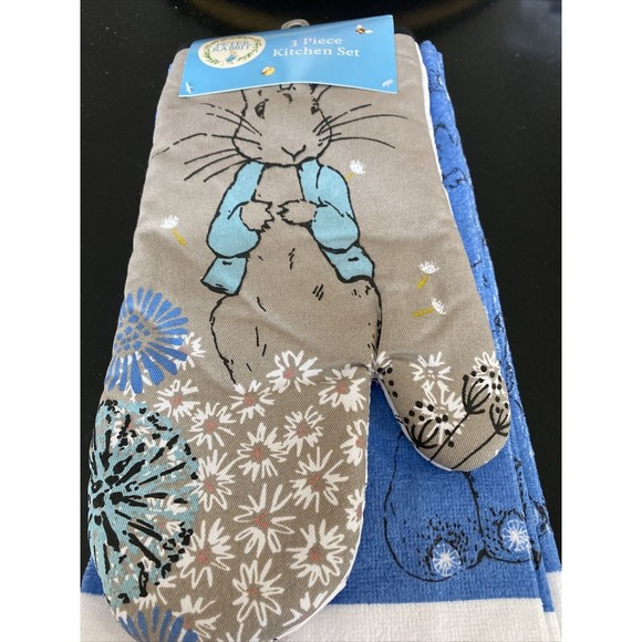 Beatrix Potter Peter Rabbit 3 Pc  Oven Mitt And Kitchen Towels New 100% Cotton - Picture 1 of 3